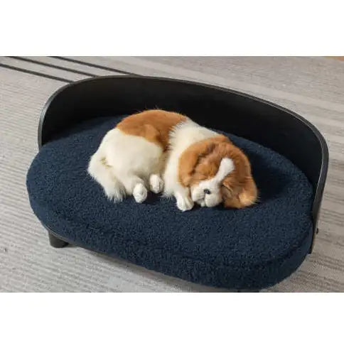 Scandinavian Style Elevated Dog Bed Pet Sofa With Solid Wood Legs And Bent Wood Back, Velvet Cushion, Dark Blue